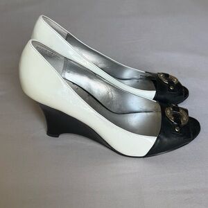 Anne Klein Black and White Peep-Toe Wedge Pumps